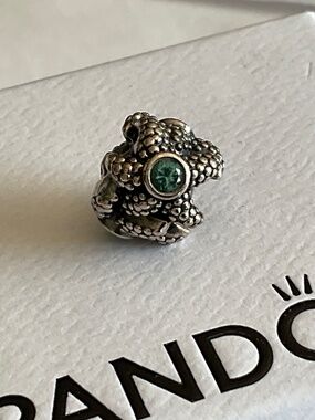 Pandora Silver Frog Charm with Green Stone